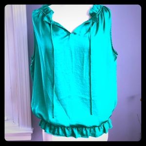 Sweet feminine kelly green silky ruffled tank top